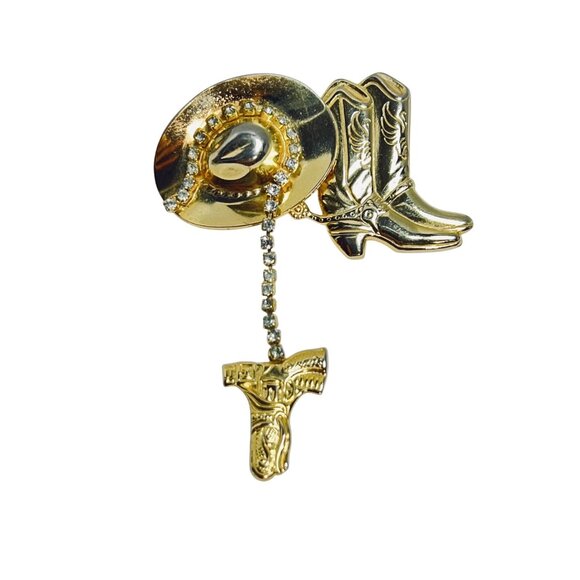 Unknown Jewelry - Gold Tone And Rhinestone Western Cowboy Hat, Boots And Gun Holster Brooch (6092)